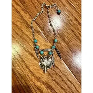 Silver Tone Wolf Anklet With Turquoise Beads & Feather Charms